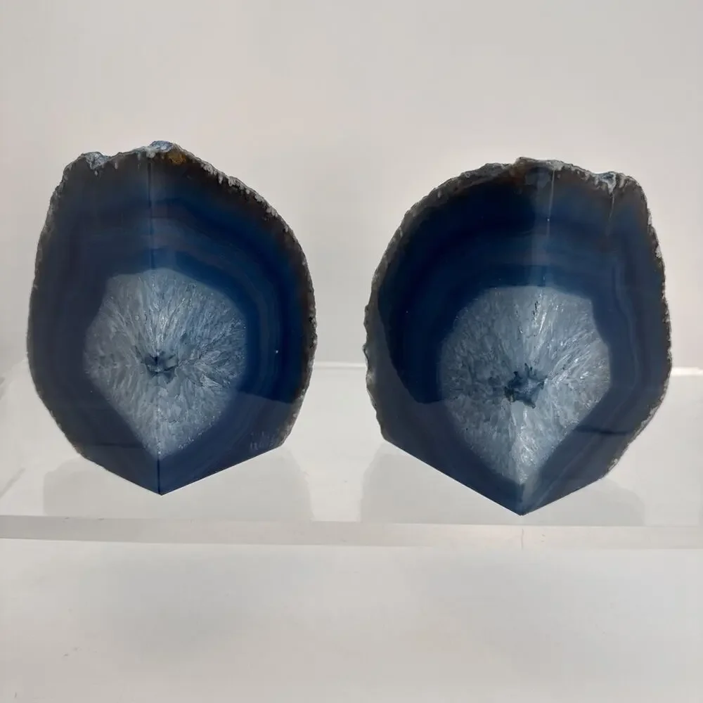 1 Pair 5.25” Polished Blue Brazilian Agate Geodes Bookends W/Beautiful Crystals